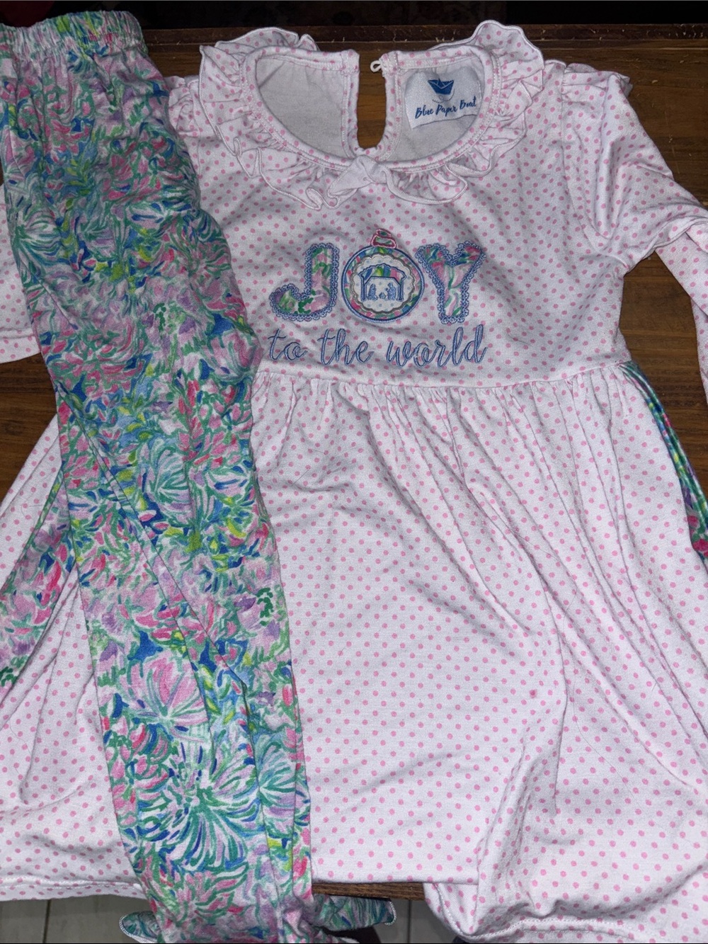 Blue Paper Boat Pink Polka Dot 'Joy to the World' Dress with Floral Leggings